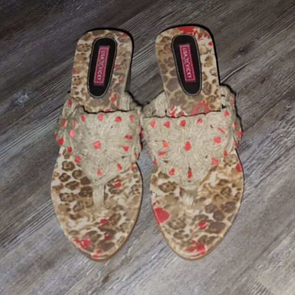 Lisa Vicky Macrame Thong Heel Sandals Sz 8 - Picture 2 of 9